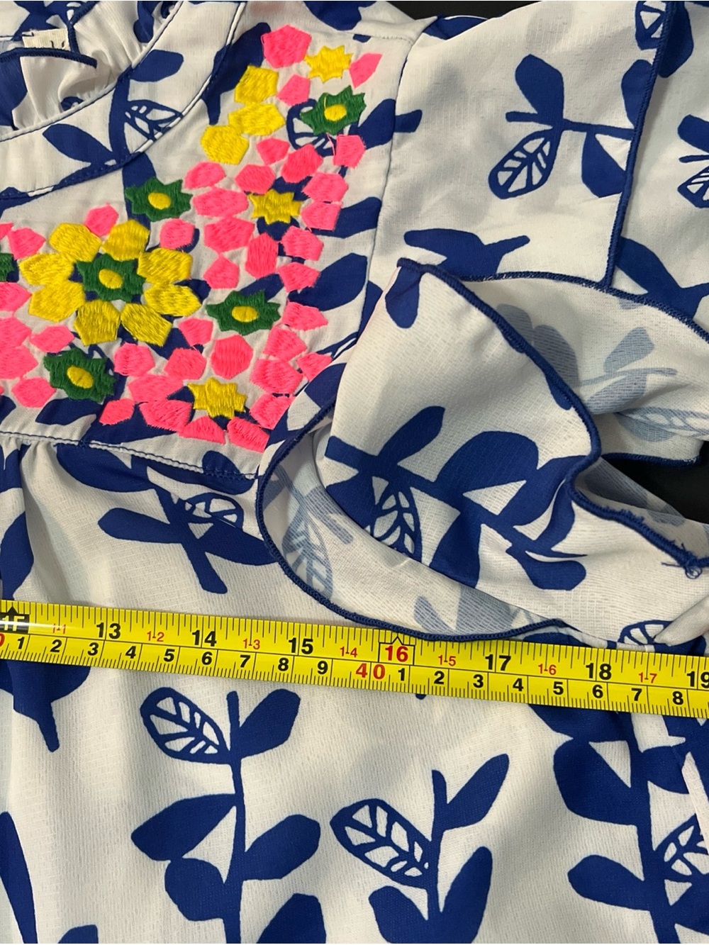 JODIFL White Blouse with Navy Blue Leaf Print and Neon Embroidered Yoke Sz S - Picture 6 of 9